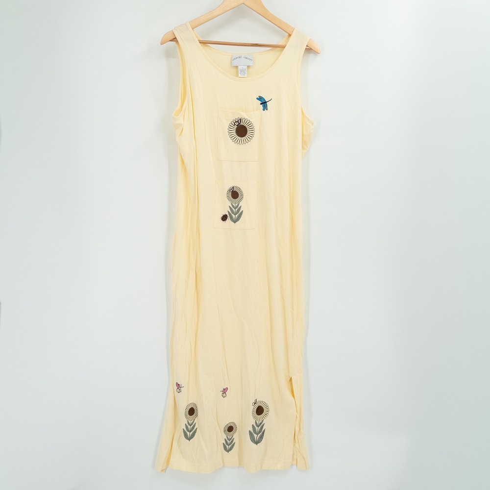 Vintage Cottagecore Maxi‎ Dress Womens Large Yellow Embroidered Granny Sunflower